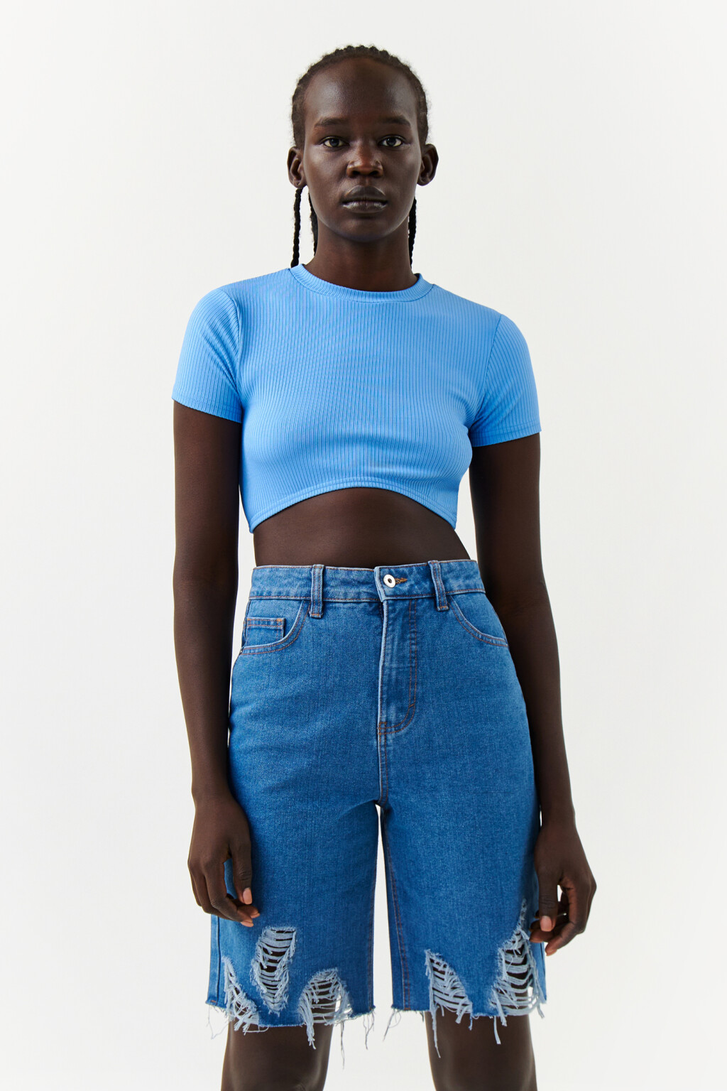 Топ-футболка облегающий в рубчик - цвет голубой - 1