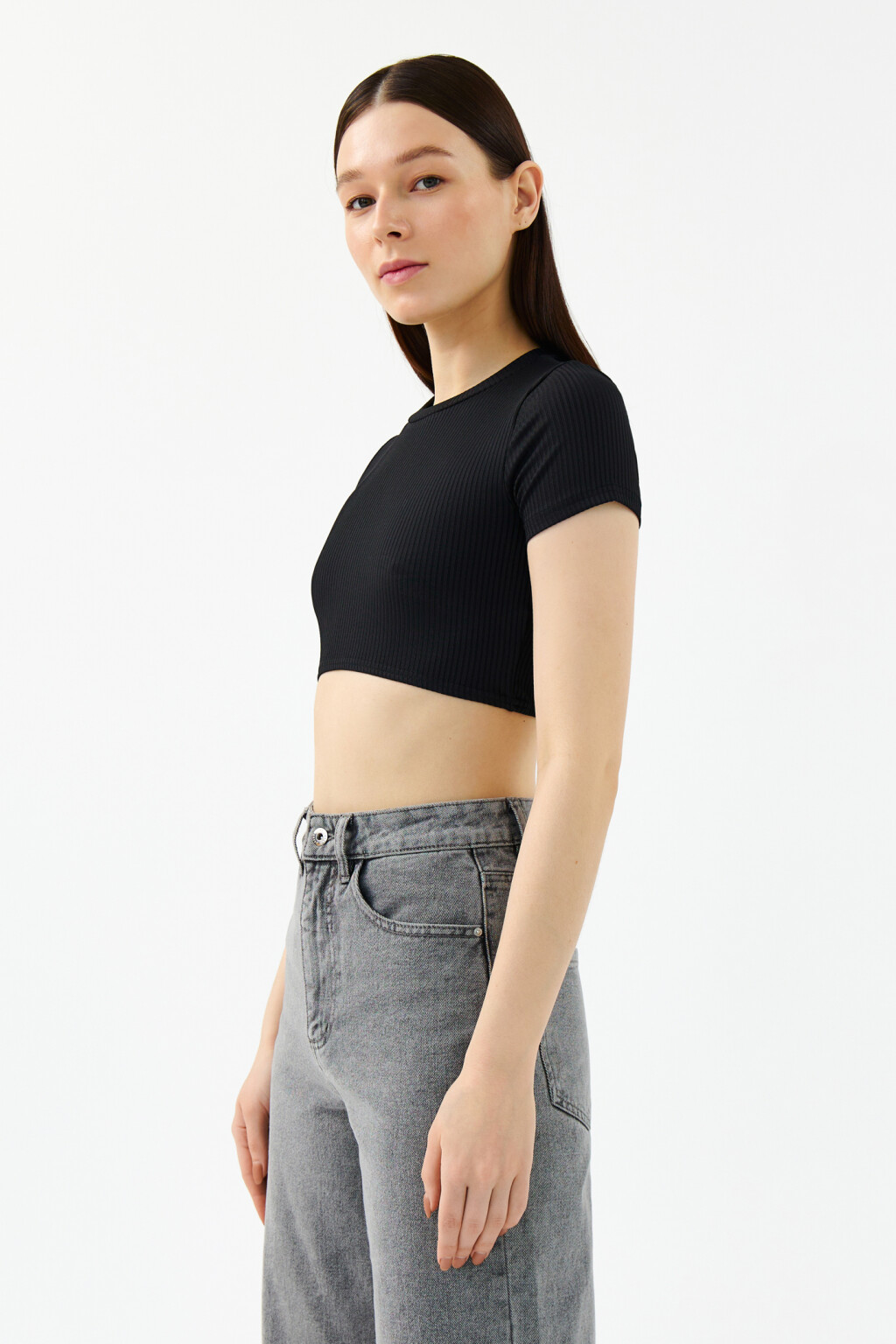 Топ-футболка облегающий в рубчик - цвет черный - 3