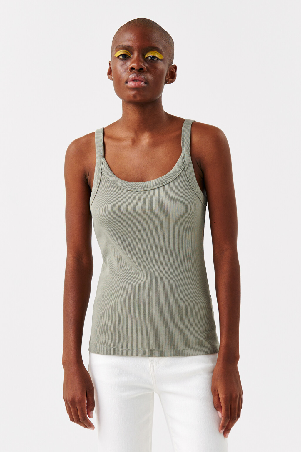 Майка хлопковая в рубчик на тонких бретелях - цвет зеленый - 1