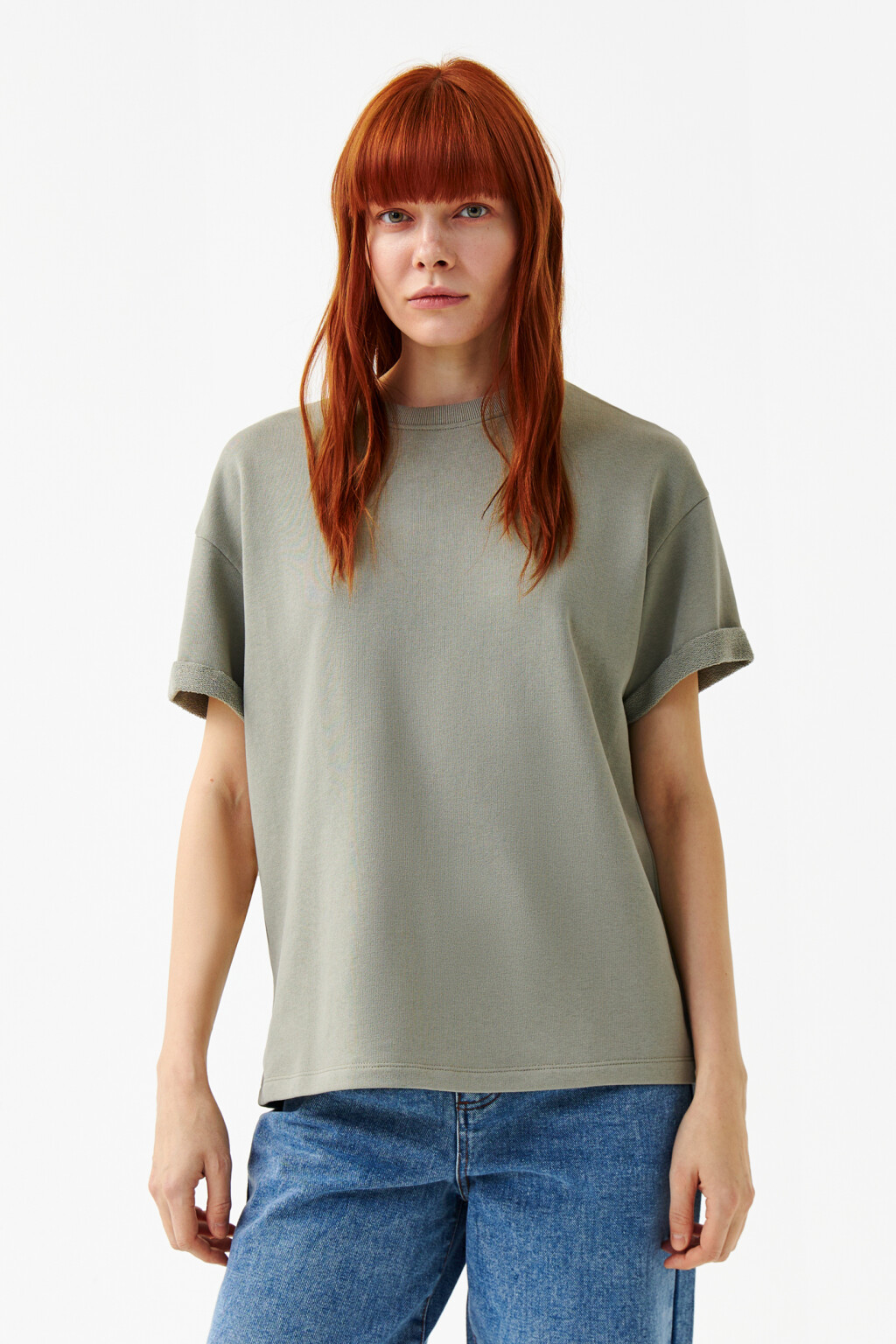 Футболка свободная однотонная из футера - цвет зеленый - 1