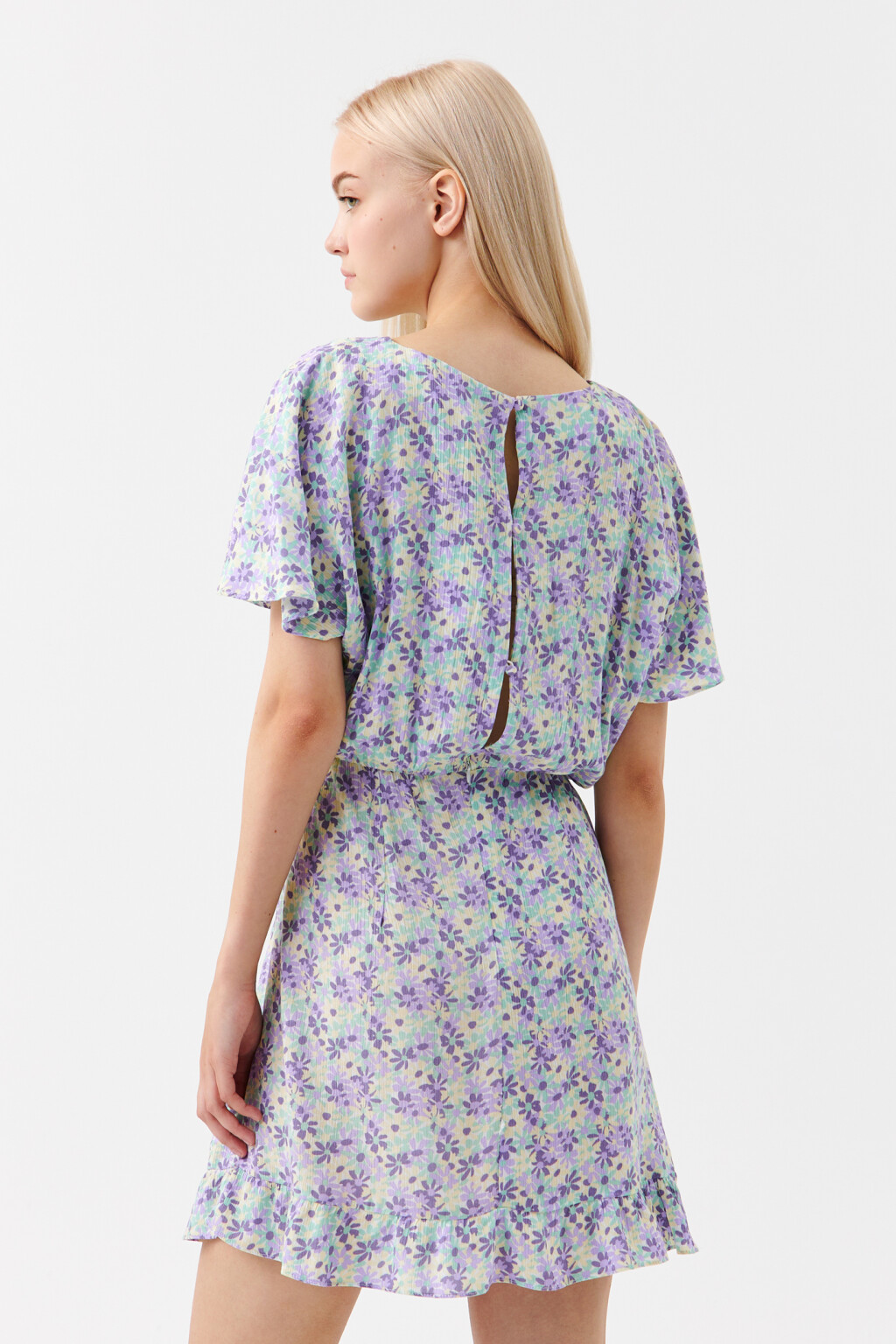 Платье мини с резинкой на талии и воланами - цвет фиолетовый - 3