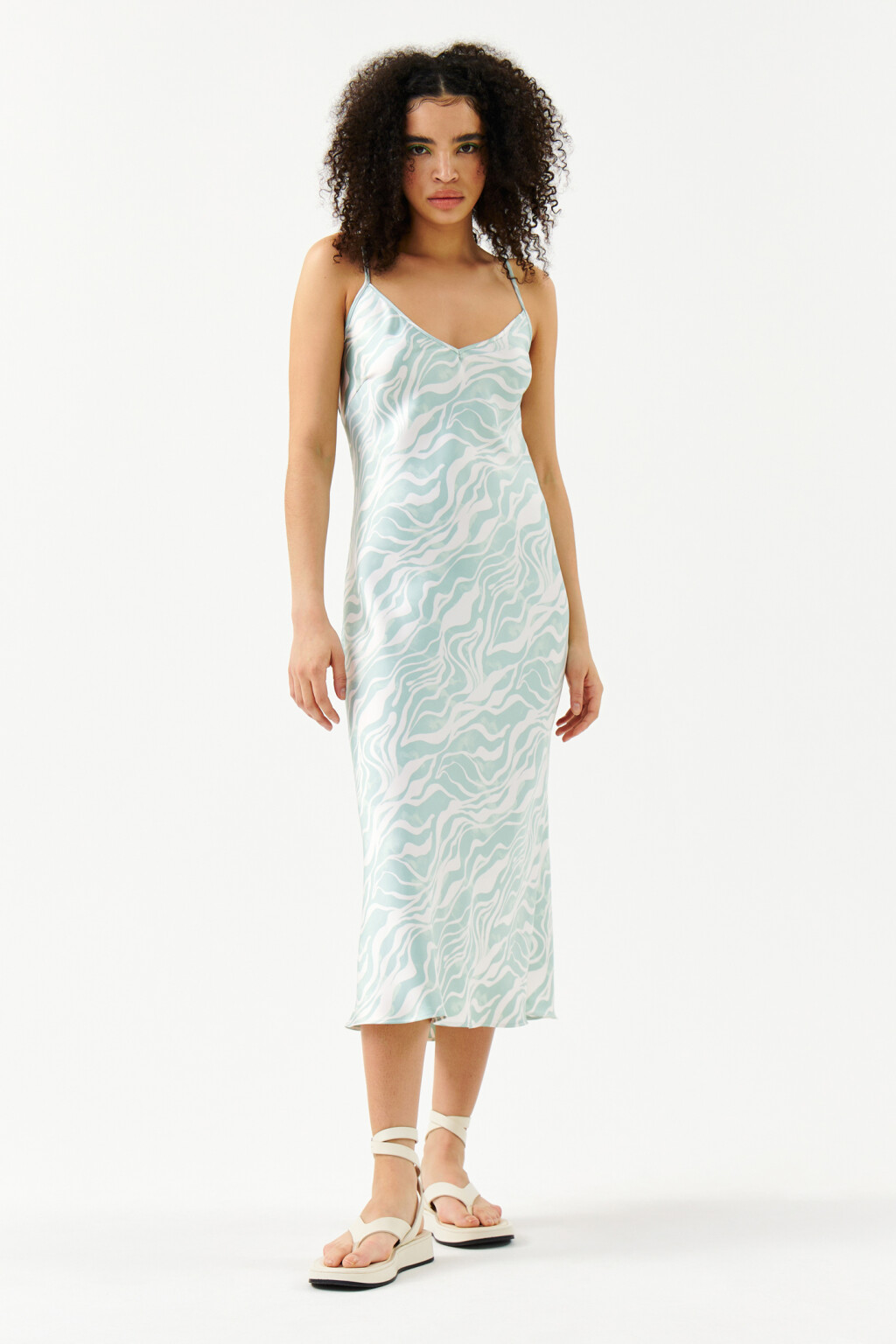 Платье миди атласное со шнуровкой на спине - цвет зеленый - 1