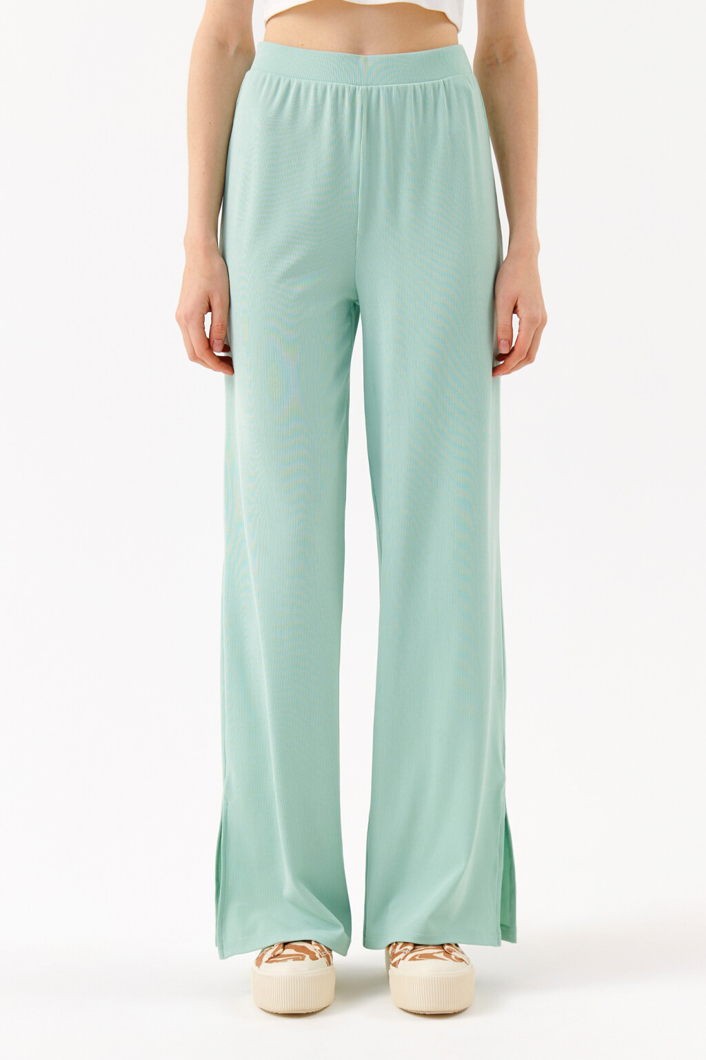 Брюки широкие с разрезами снизу - цвет зеленый - 1