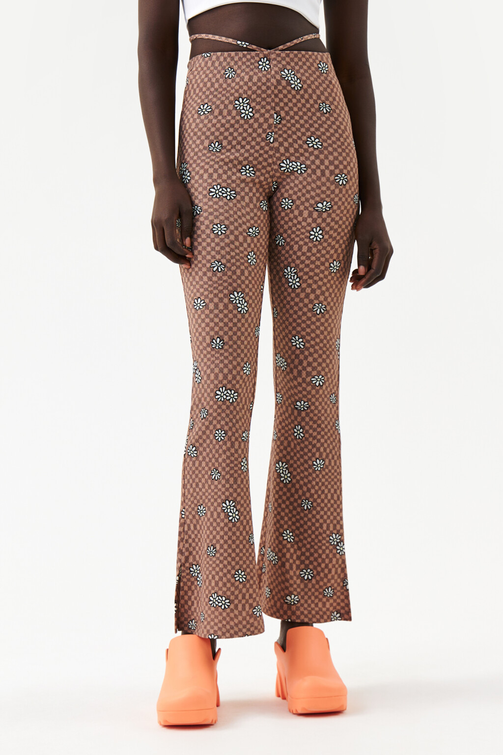 Брюки клеш с завязками на талии - цвет коричневый - 1