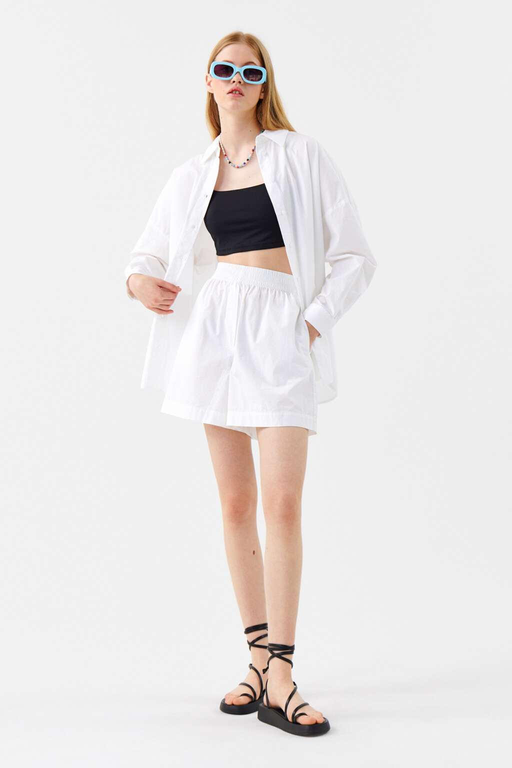 Рубашка хлопковая oversize с принтом - цвет белый - 4