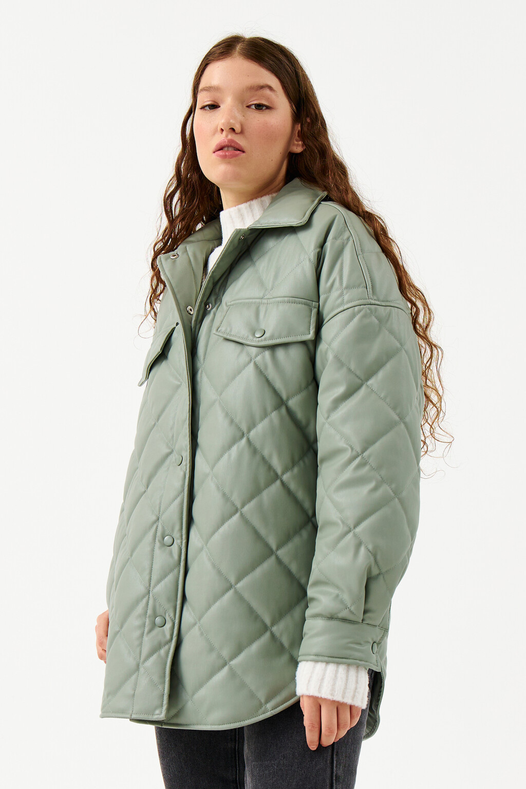 Куртка-рубашка из искусственной кожи - цвет зеленый - 1