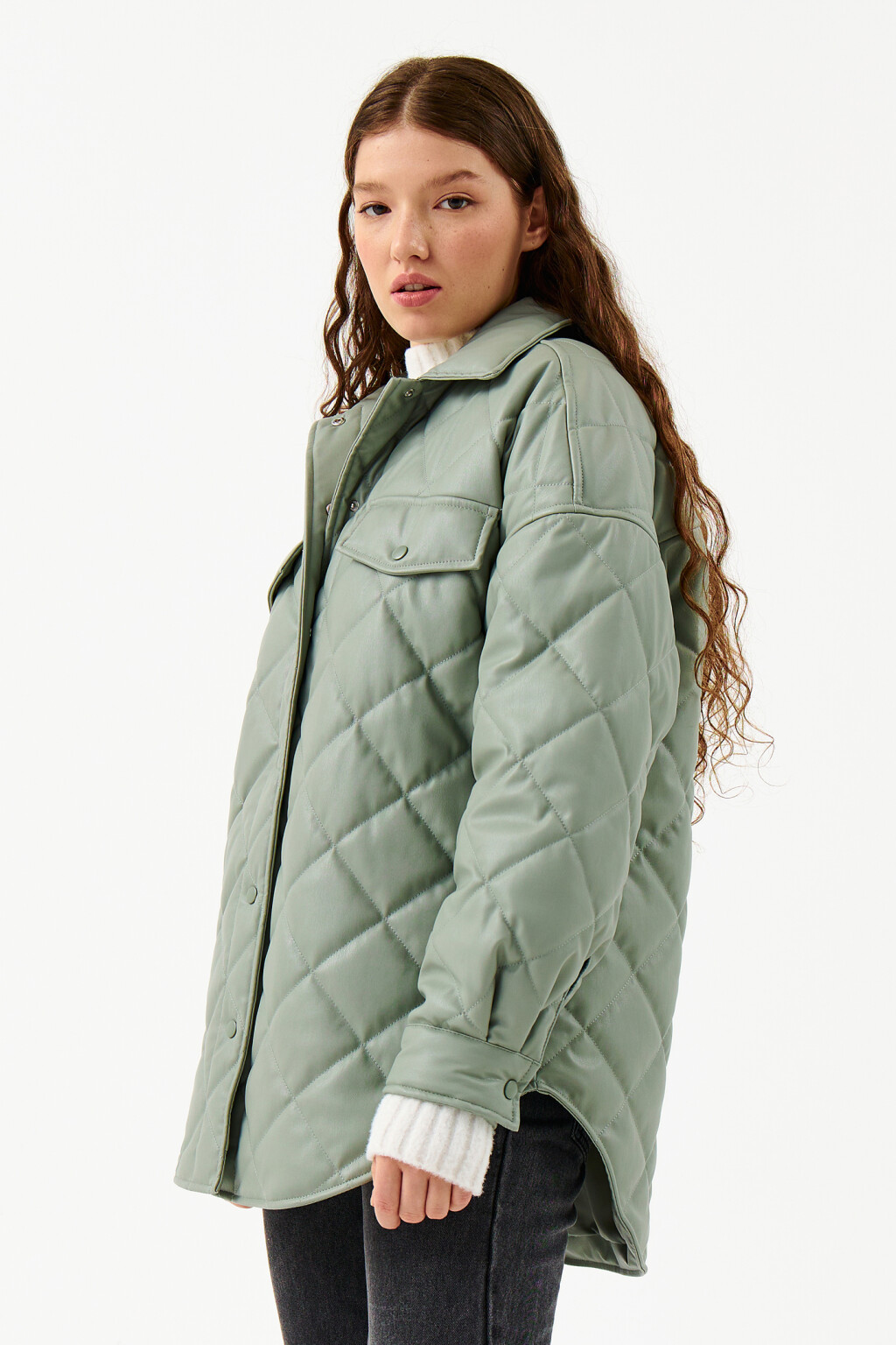 Куртка-рубашка из искусственной кожи - цвет зеленый - 3