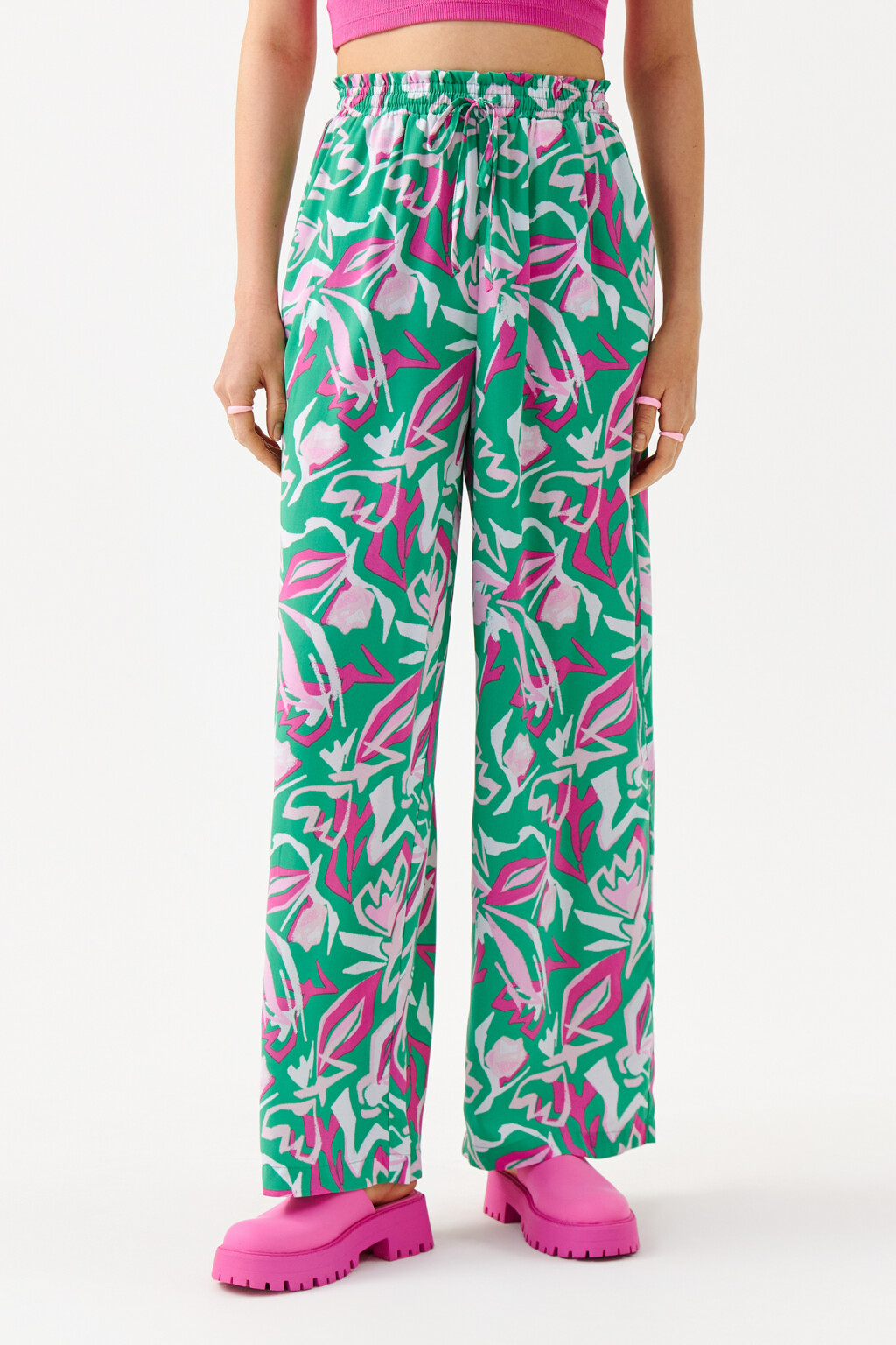 Брюки широкие с поясом на завязках - цвет зеленый - 1