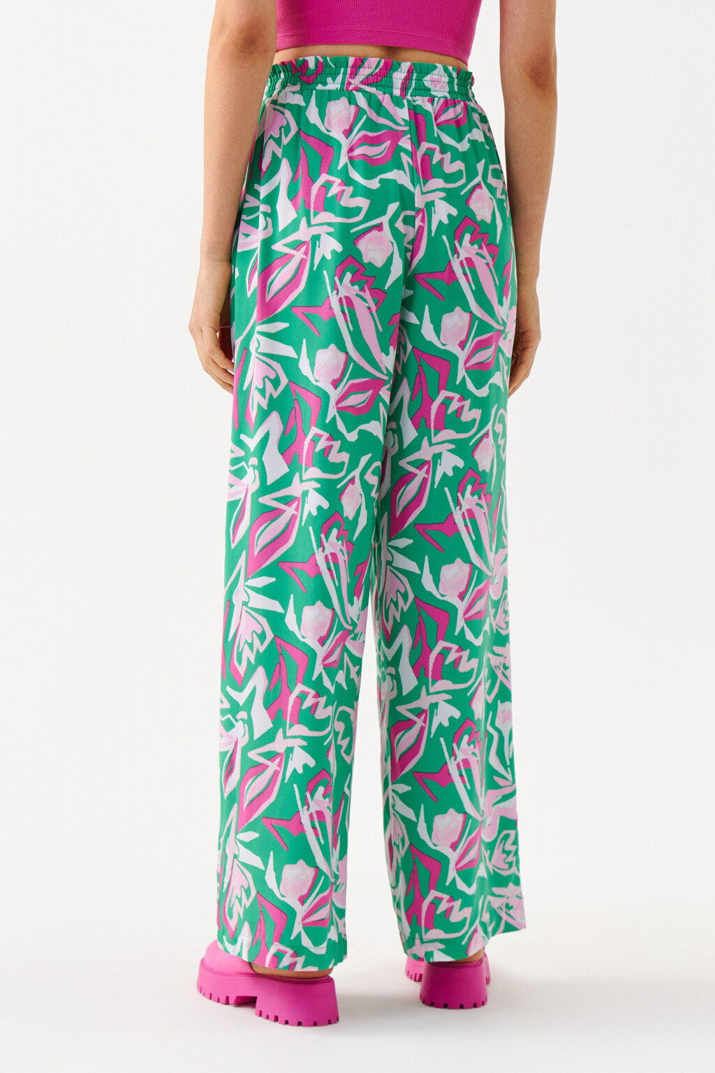 Брюки широкие с поясом на завязках - цвет зеленый - 2