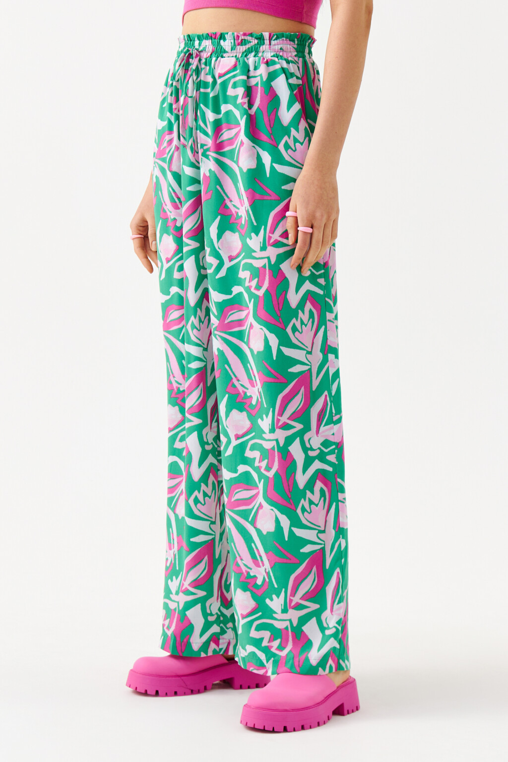 Брюки широкие с поясом на завязках - цвет зеленый - 3