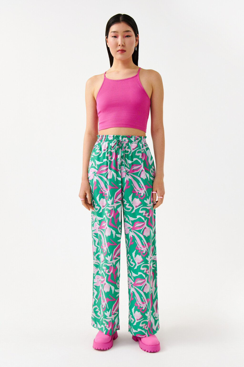 Брюки широкие с поясом на завязках - цвет зеленый - 4