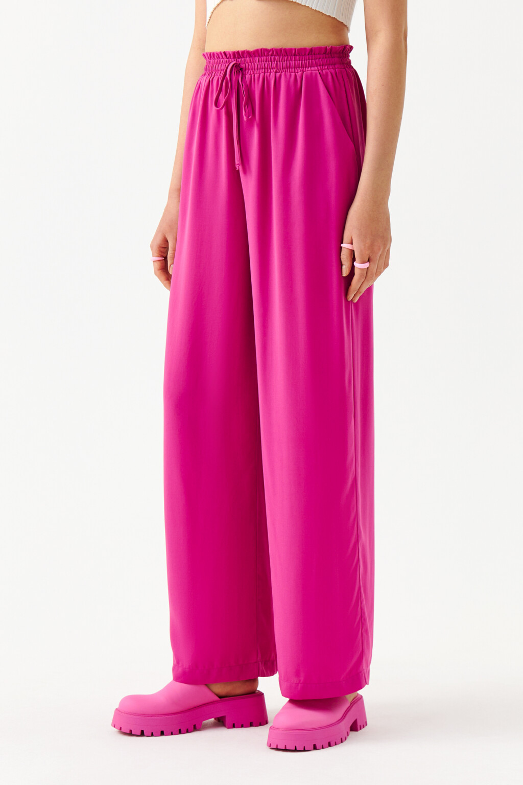 Брюки широкие с поясом на завязках - цвет розовый - 3