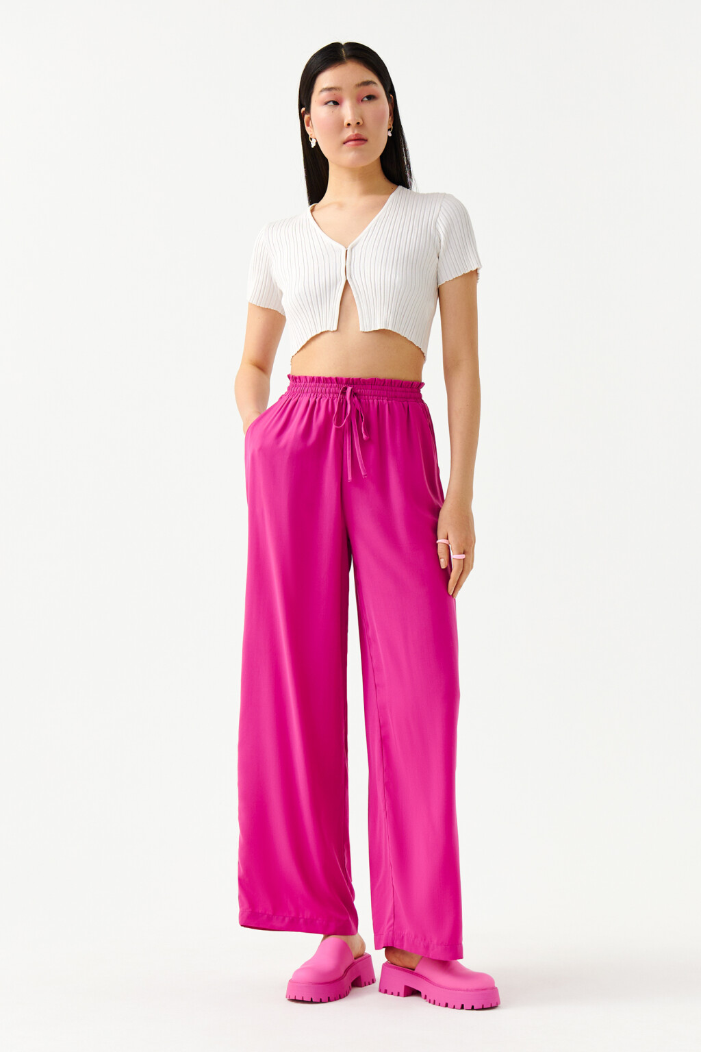 Брюки широкие с поясом на завязках - цвет розовый - 4