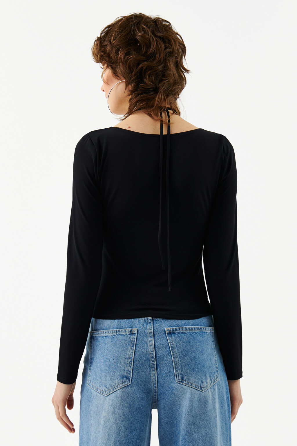 Лонгслив облегающий с завязками на шее - цвет черный - 2