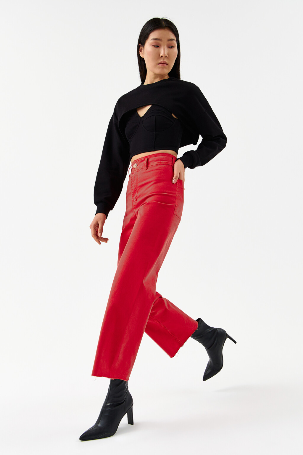 Джинсы широкие с обрезанными краями - цвет красный - 7