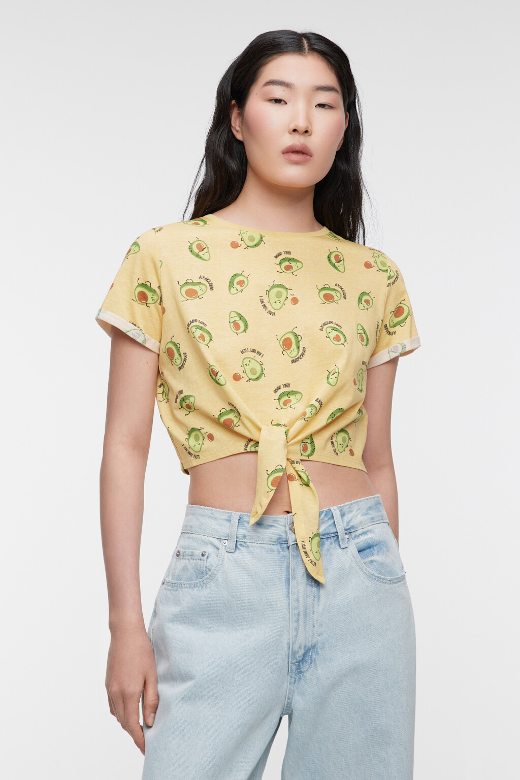 Футболка-топ хлопковая с завязками на талии - цвет желтый - 1