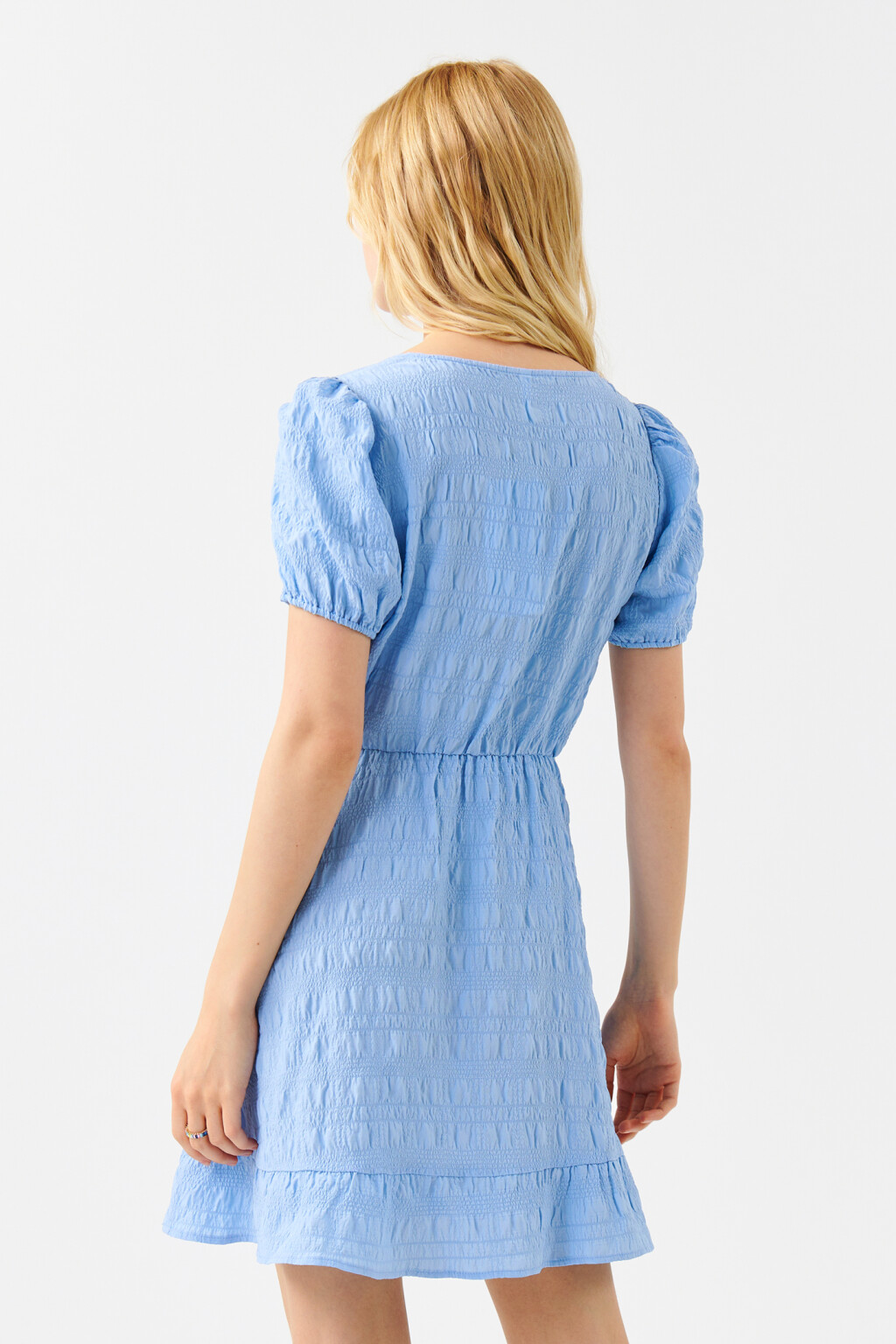 Платье мини с короткими рукавами-фонариками - цвет голубой - 3
