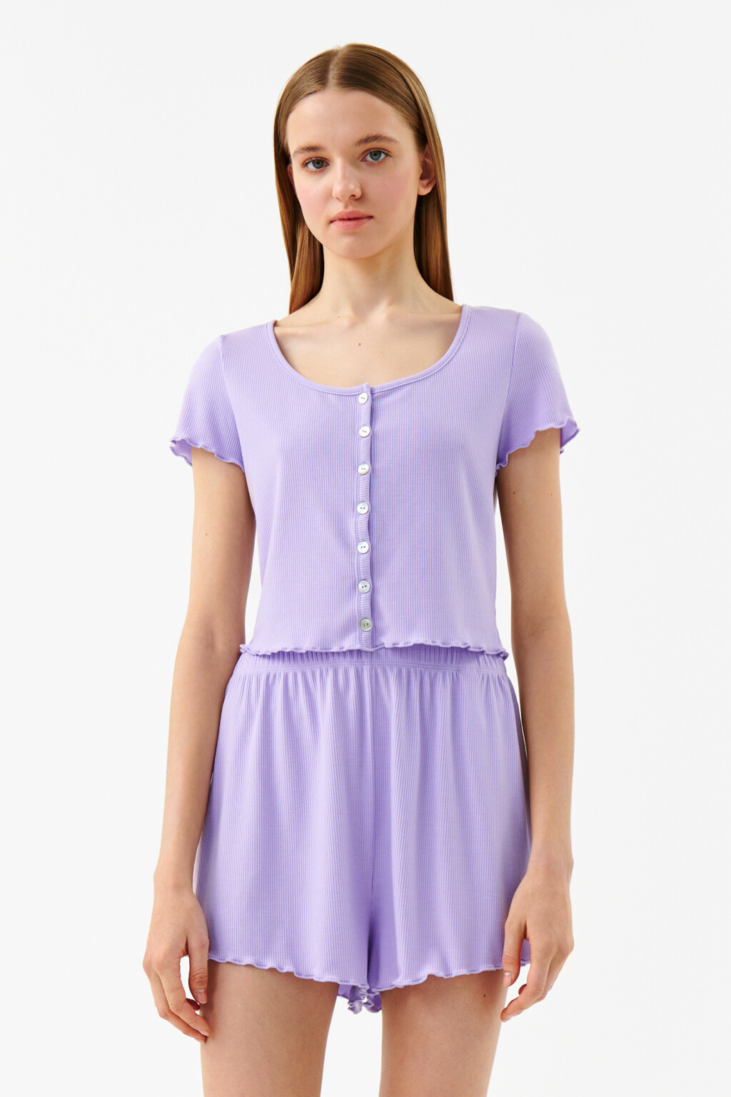 Футболка домашняя с волнистым нижним краем 2226407001, цвет: сиреневый ...