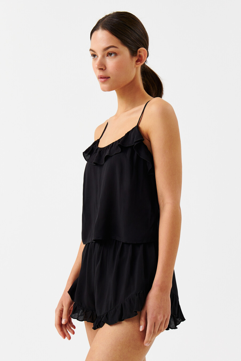 Топ домашний на тонких бретелях с воланами - цвет черный - 2