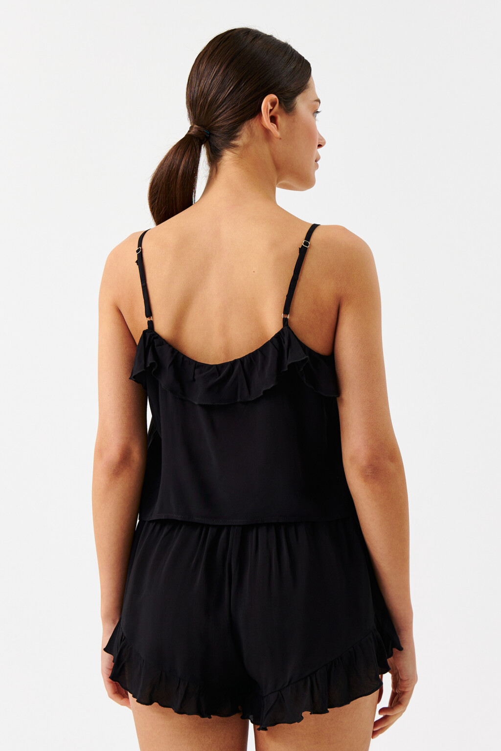 Топ домашний на тонких бретелях с воланами - цвет черный - 3