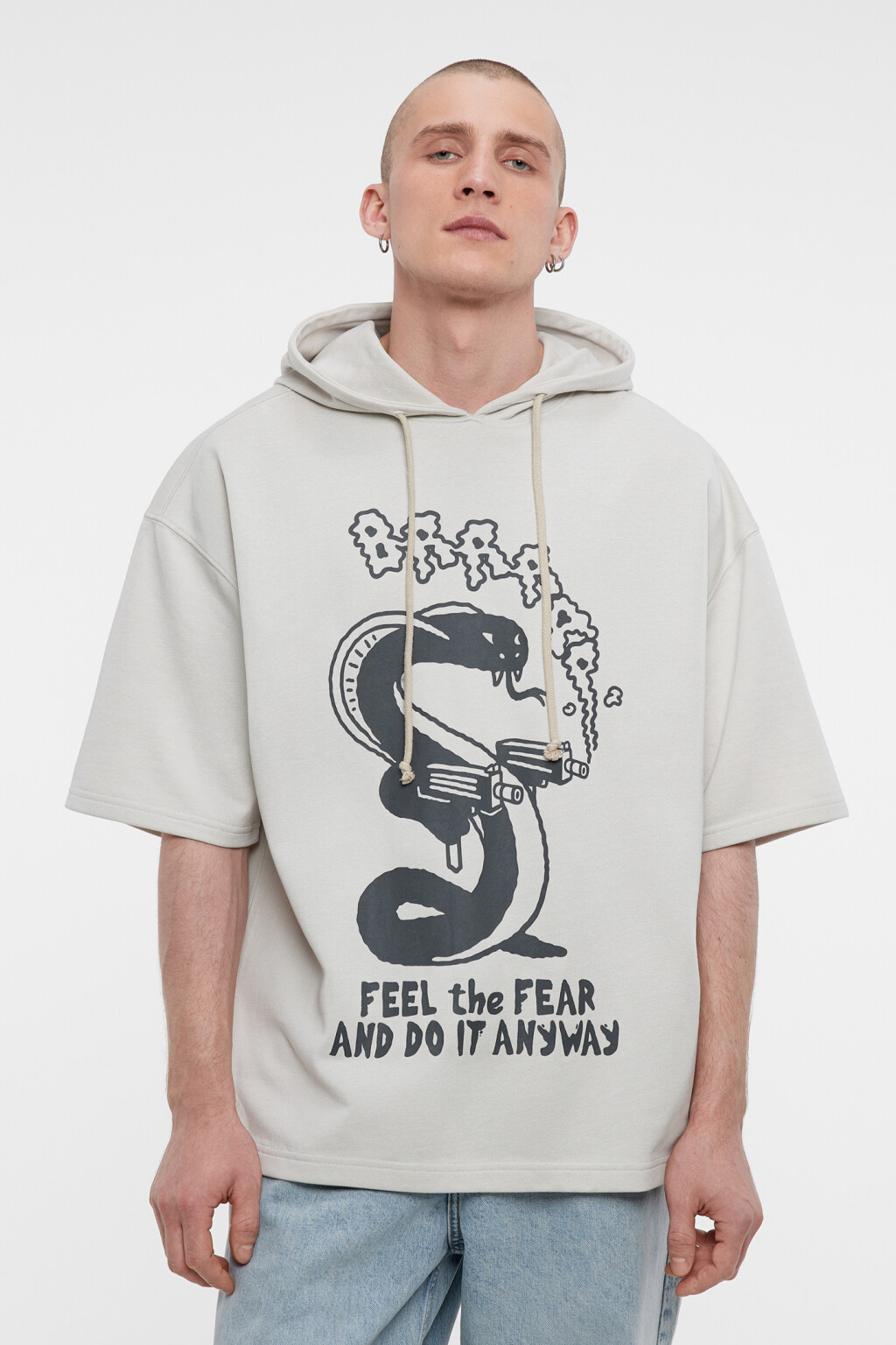 Толстовка хлопковая с короткими рукавами и капюшоном - цвет бежевый - 2