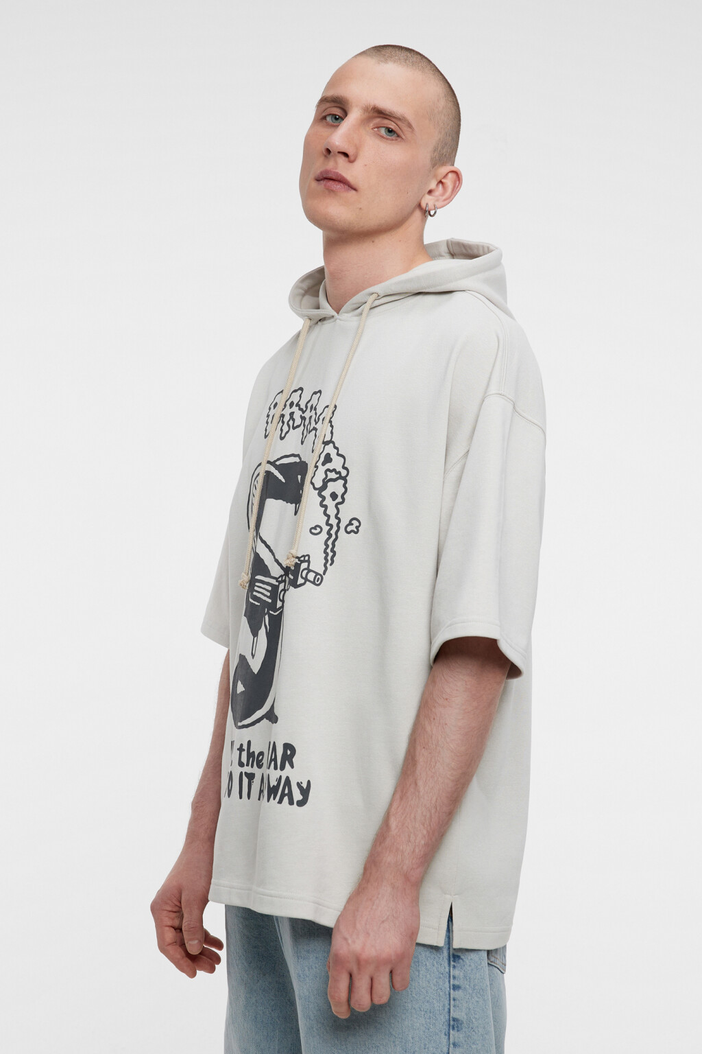 Толстовка хлопковая с короткими рукавами и капюшоном - цвет бежевый - 3