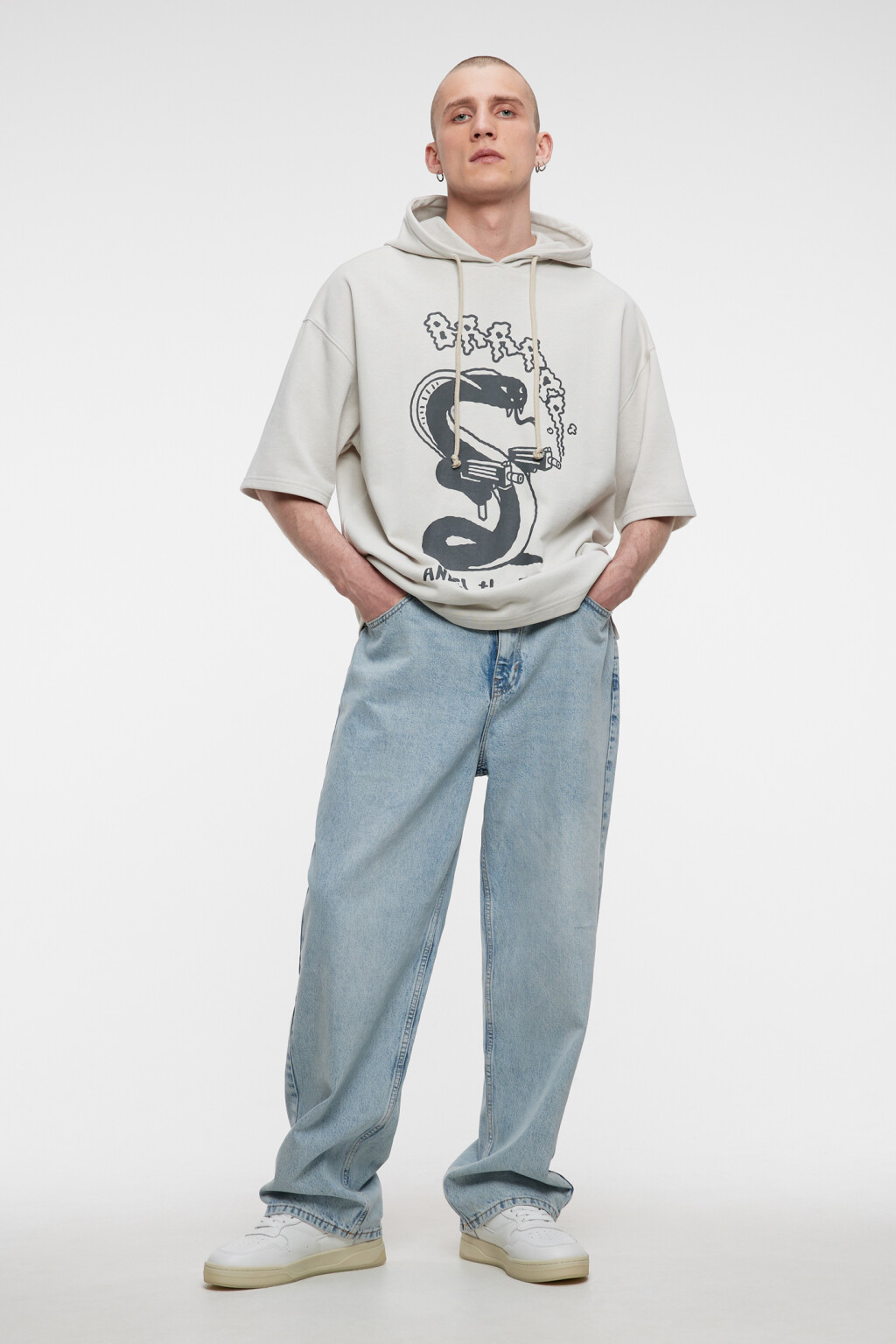 Толстовка хлопковая с короткими рукавами и капюшоном - цвет бежевый - 1