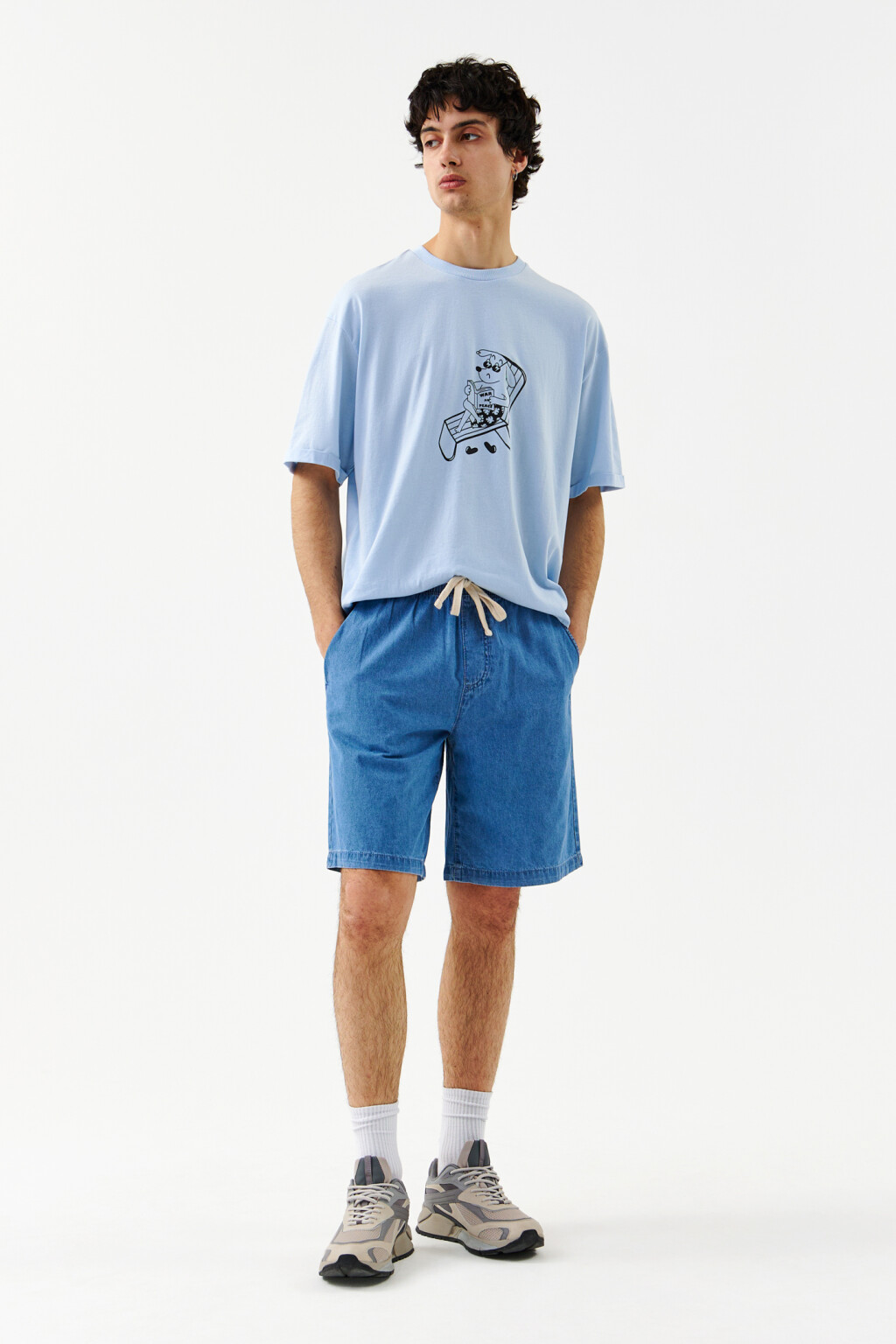 Шорты джинсовые с поясом на завязках - цвет голубой - 4