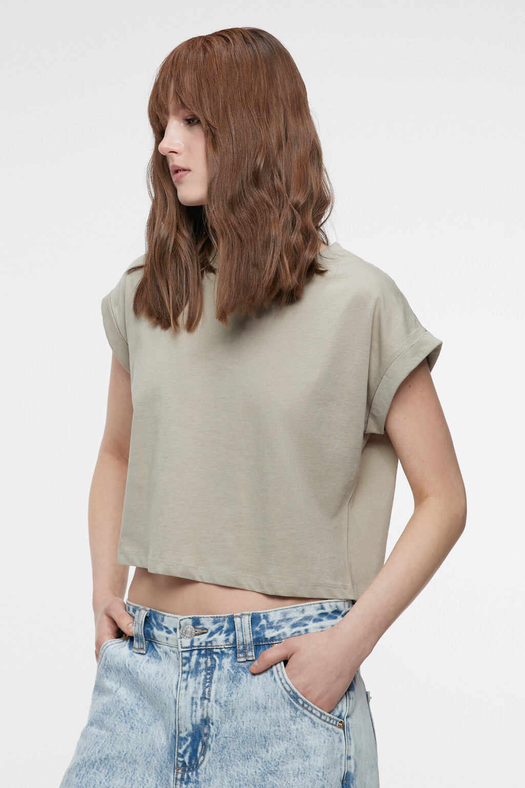 Топ-футболка хлопковый с подвернутыми рукавами - цвет зеленый - 2