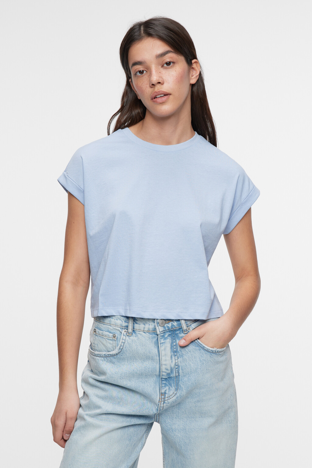 Топ-футболка хлопковый с подвернутыми рукавами - цвет голубой - 1