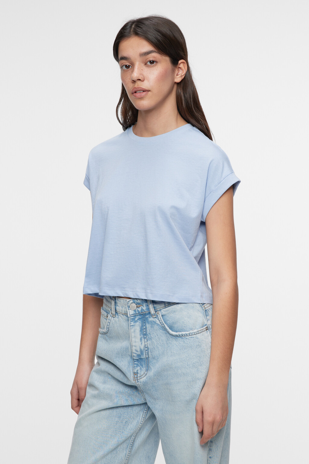 Топ-футболка хлопковый с подвернутыми рукавами - цвет голубой - 2