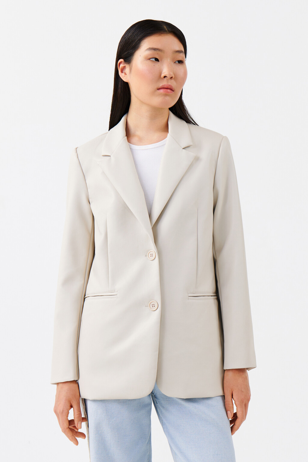 Пиджак удлиненный с кожаной фактурой - цвет бежевый - 1