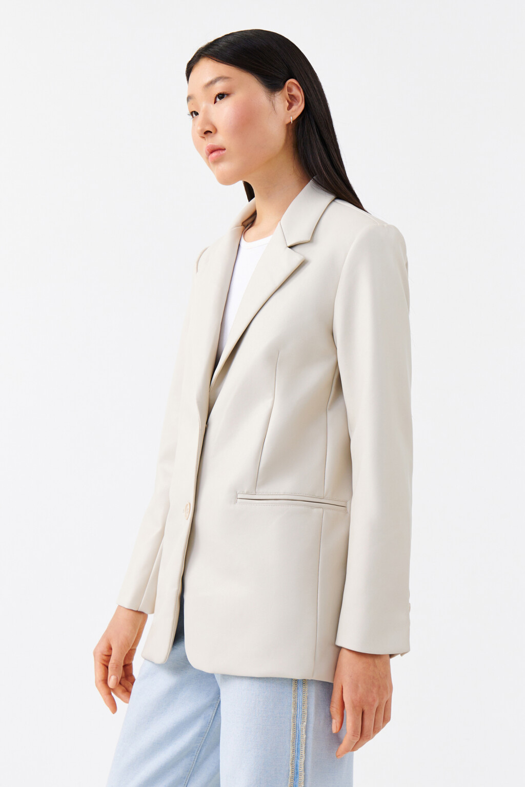 Пиджак удлиненный с кожаной фактурой - цвет бежевый - 2