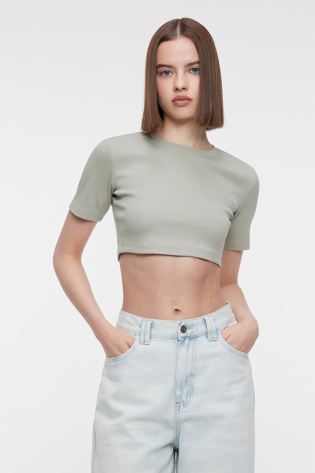 Топ-футболка укороченный хлопковый облегающего кроя - цвет зеленый - 1