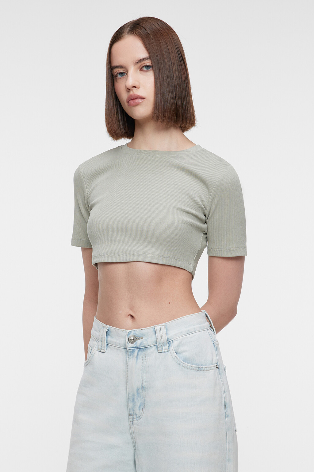 Топ-футболка укороченный хлопковый облегающего кроя - цвет зеленый - 2