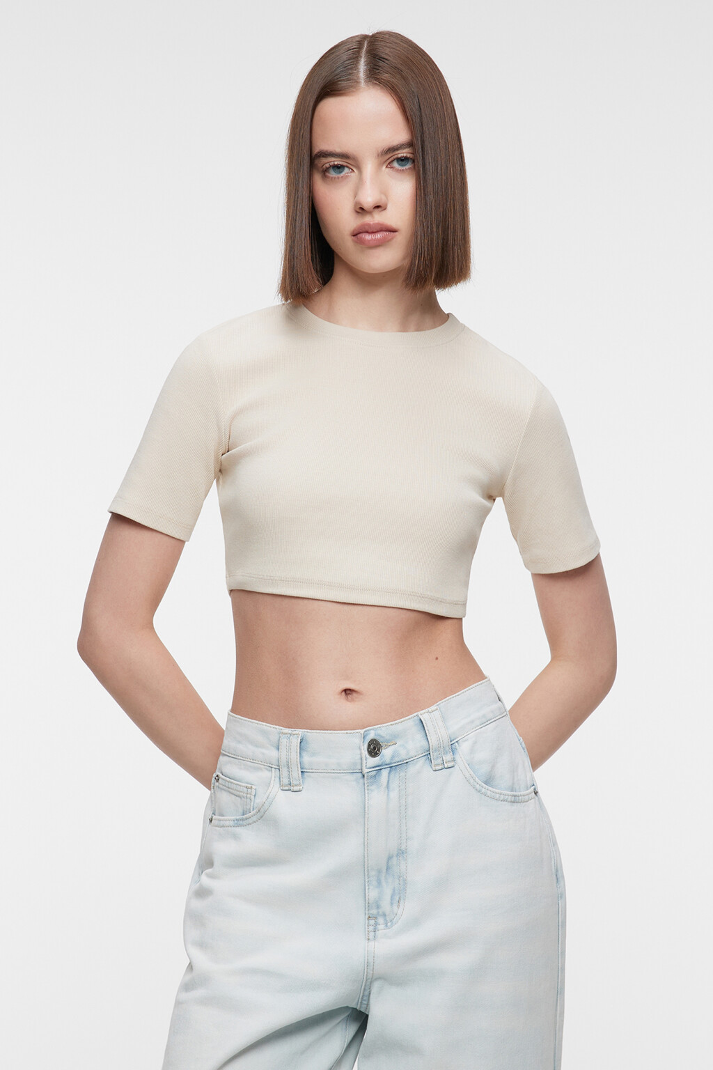 Топ-футболка укороченный хлопковый облегающего кроя - цвет бежевый - 1