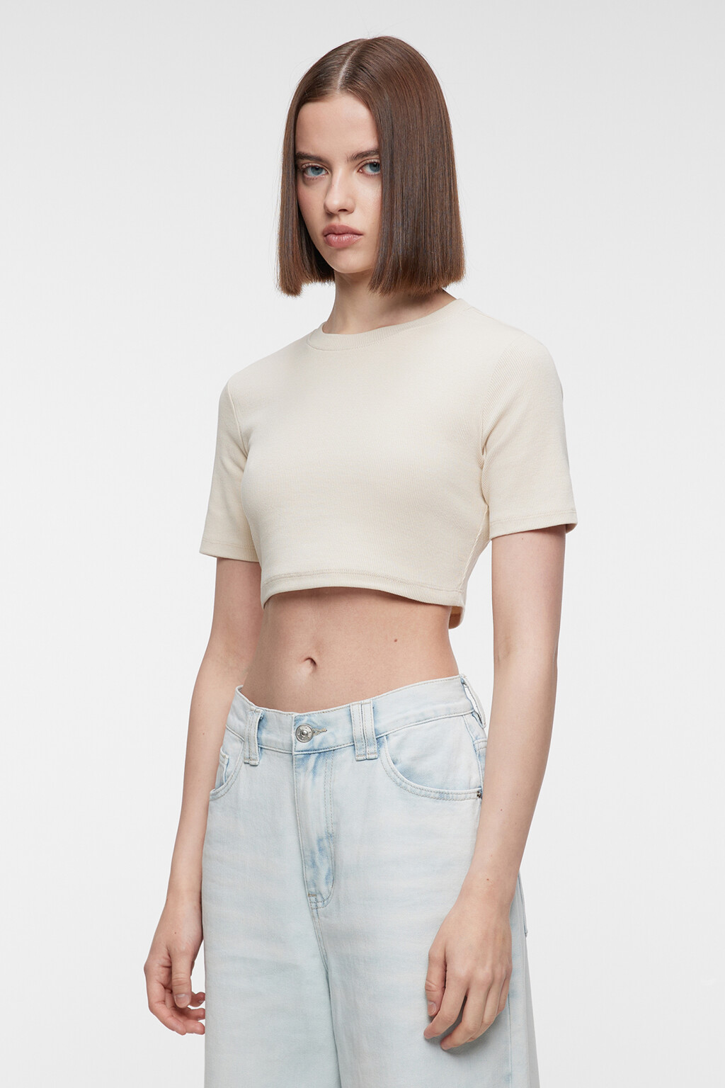 Топ-футболка укороченный хлопковый облегающего кроя - цвет бежевый - 2