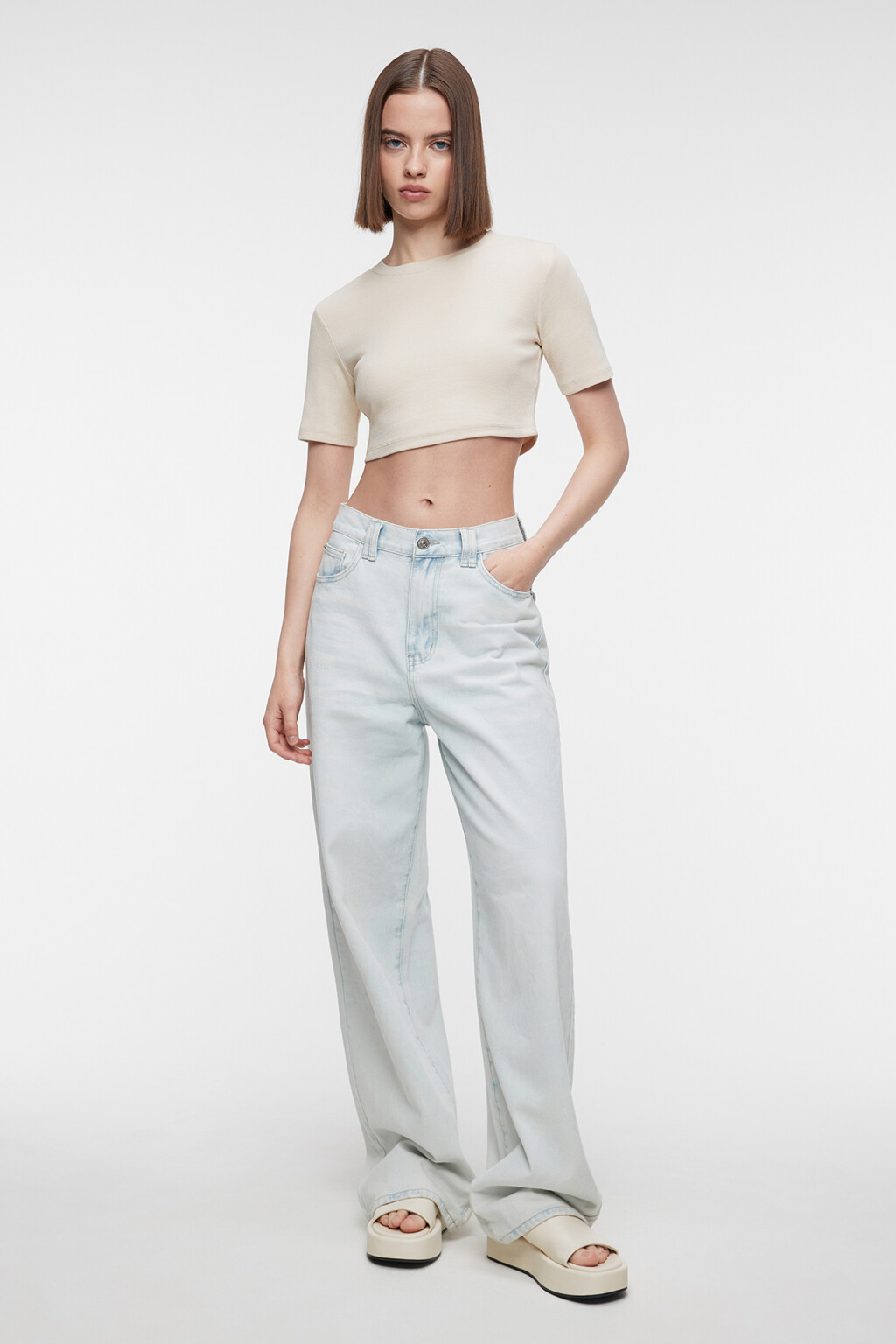 Топ-футболка укороченный хлопковый облегающего кроя - цвет бежевый - 4