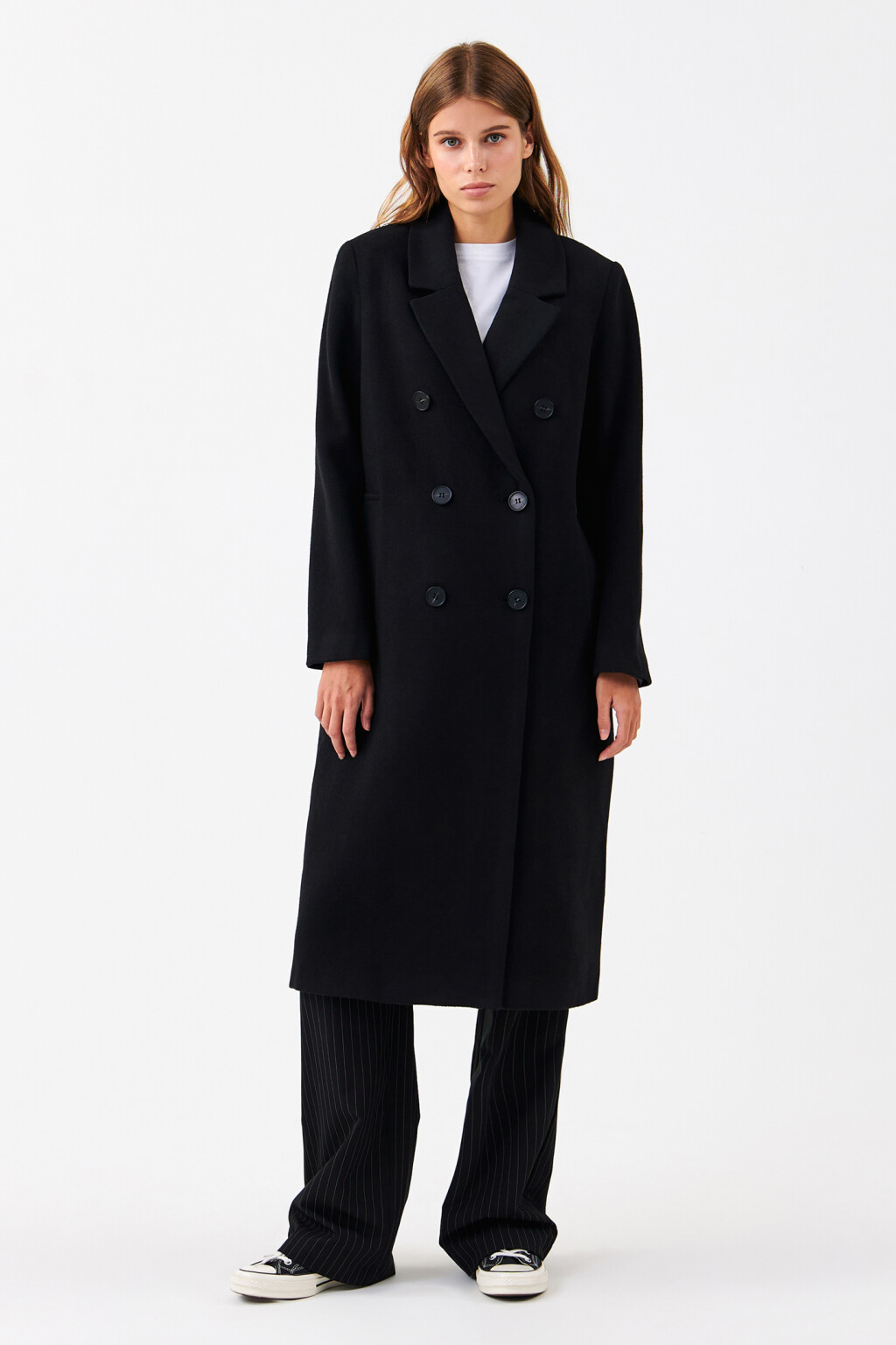 Пальто двубортное с отложным воротником - цвет черный - 1