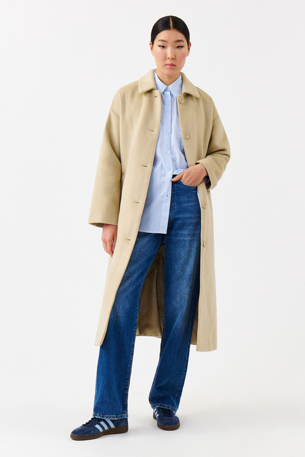 Пальто длинное однобортное с поясом - цвет бежевый - 4