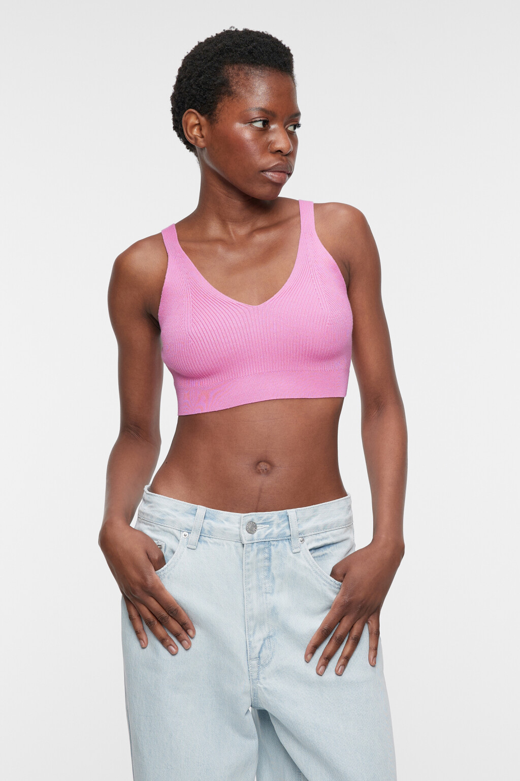 Топ-майка вязаный облегающий с V-вырезом - цвет розовый - 1