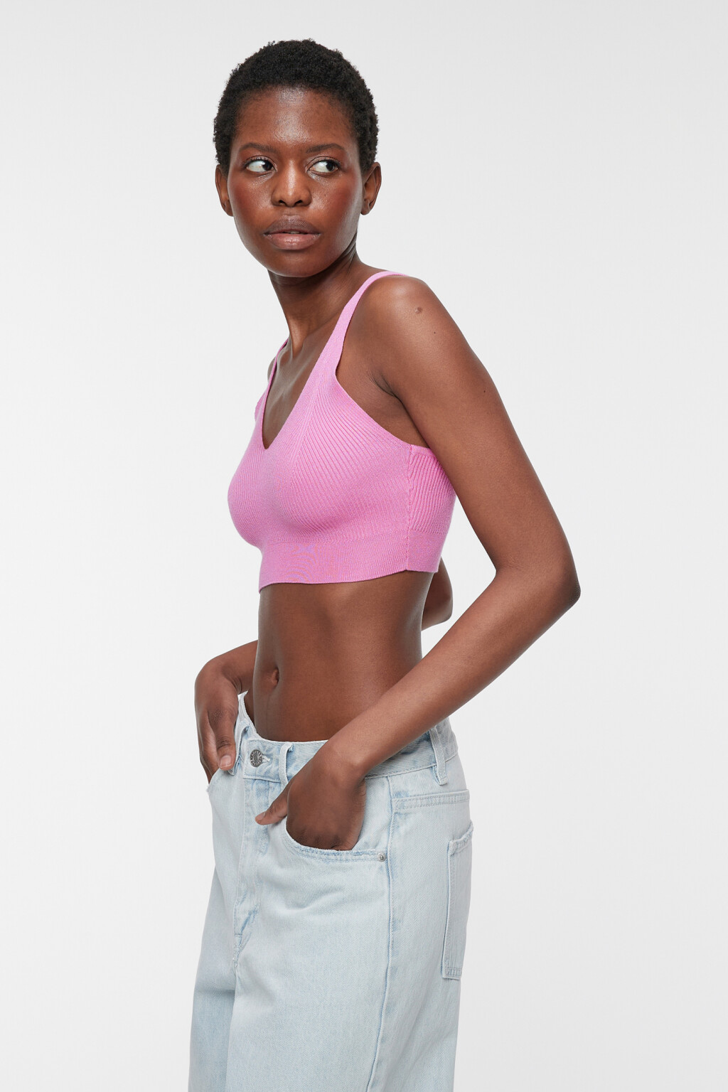 Топ-майка вязаный облегающий с V-вырезом - цвет розовый - 2