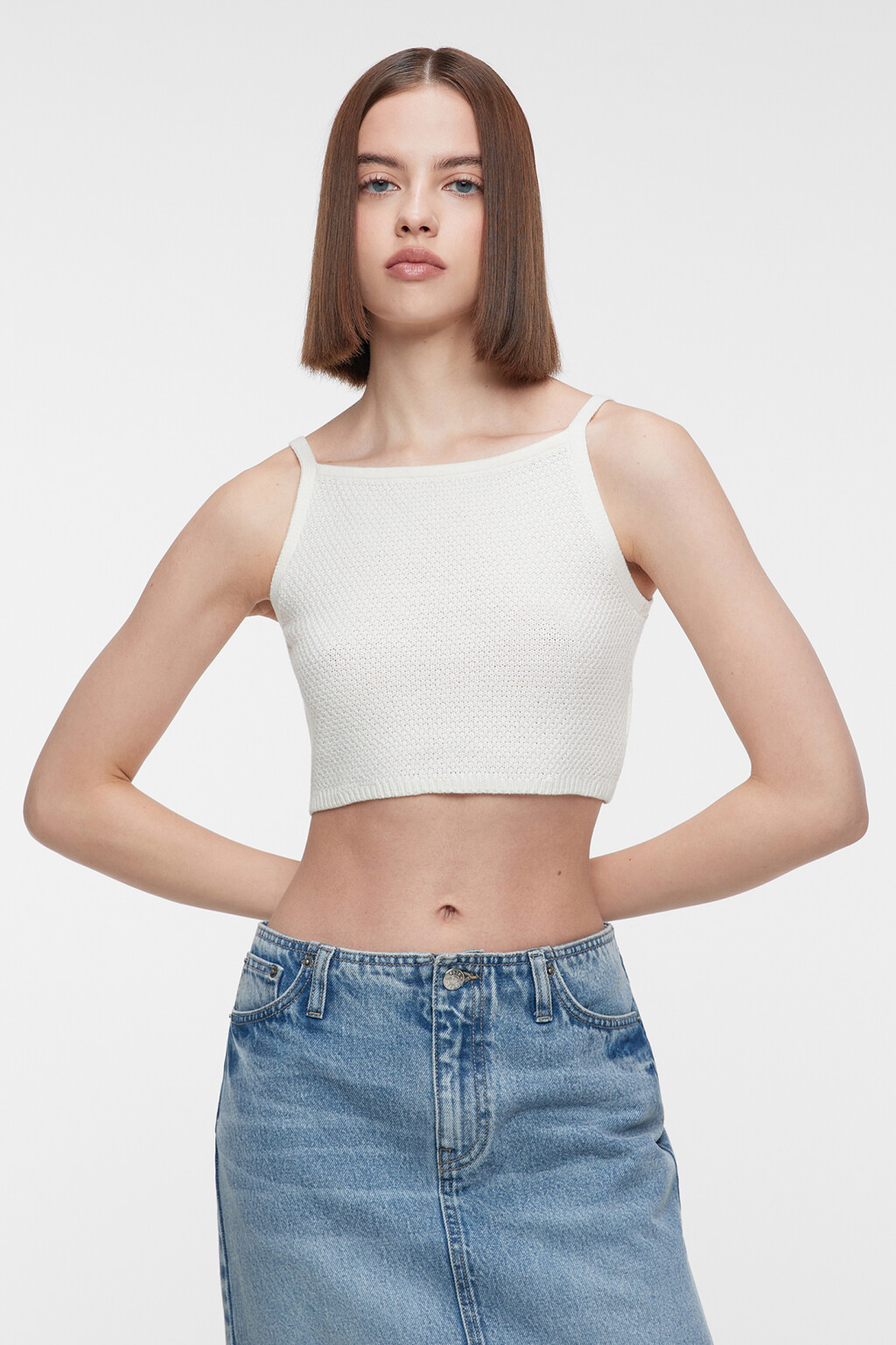 Топ-майка хлопковый вязаный на тонких бретелях - цвет бежевый - 1