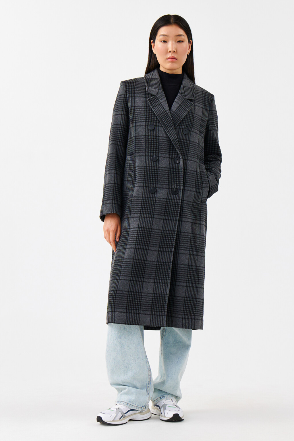 Пальто миди двубортное клетчатое - цвет серый - 1
