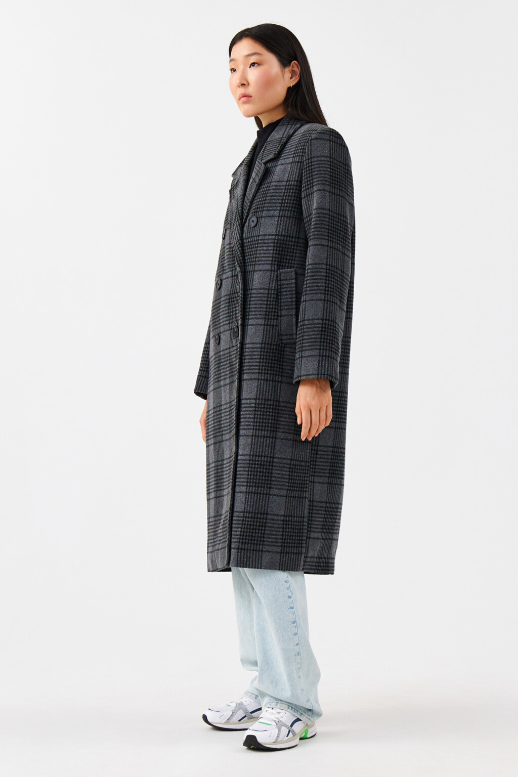 Пальто миди двубортное клетчатое - цвет серый - 2