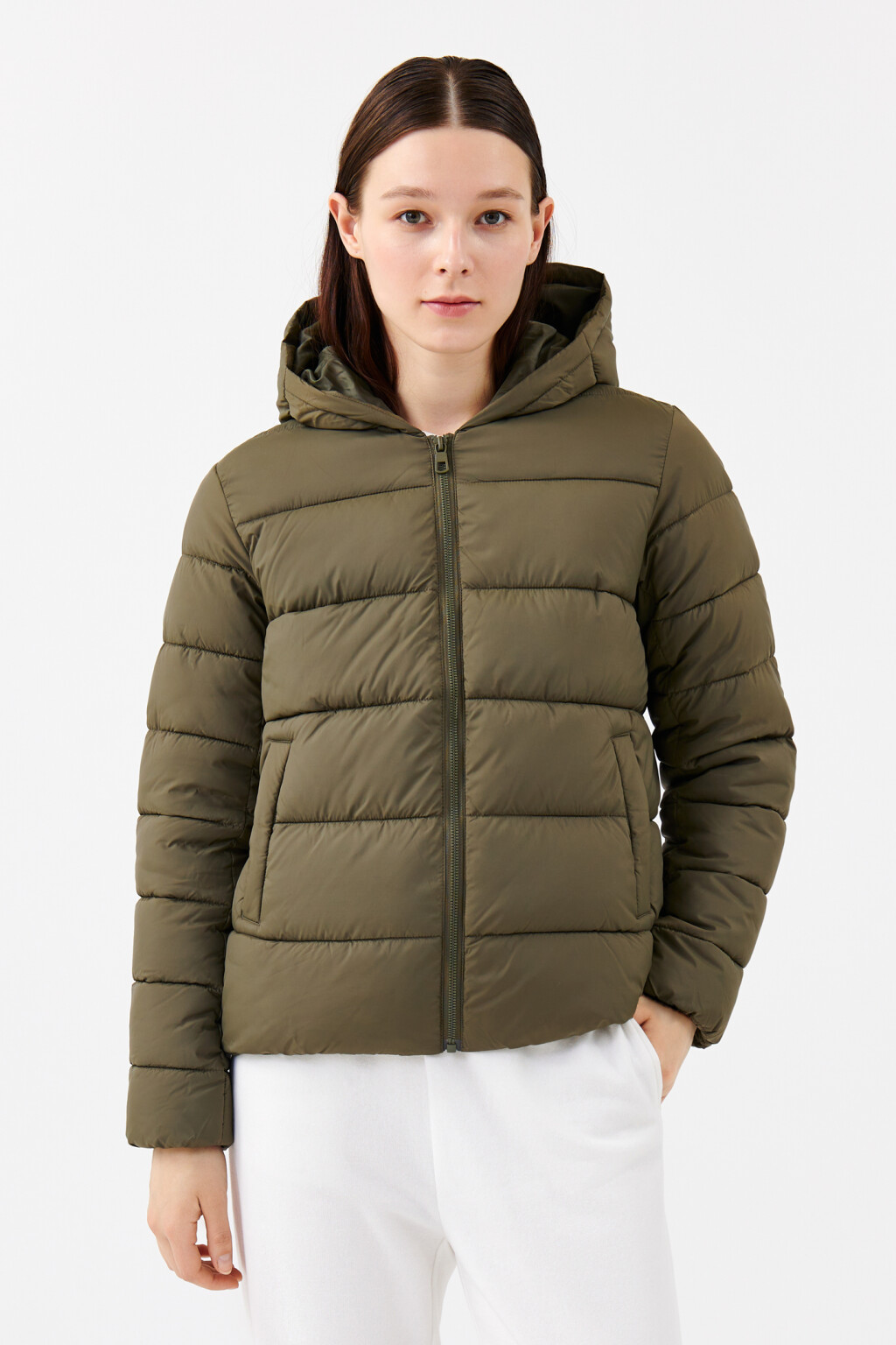 Куртка стеганая утепленная с капюшоном - цвет зеленый - 1