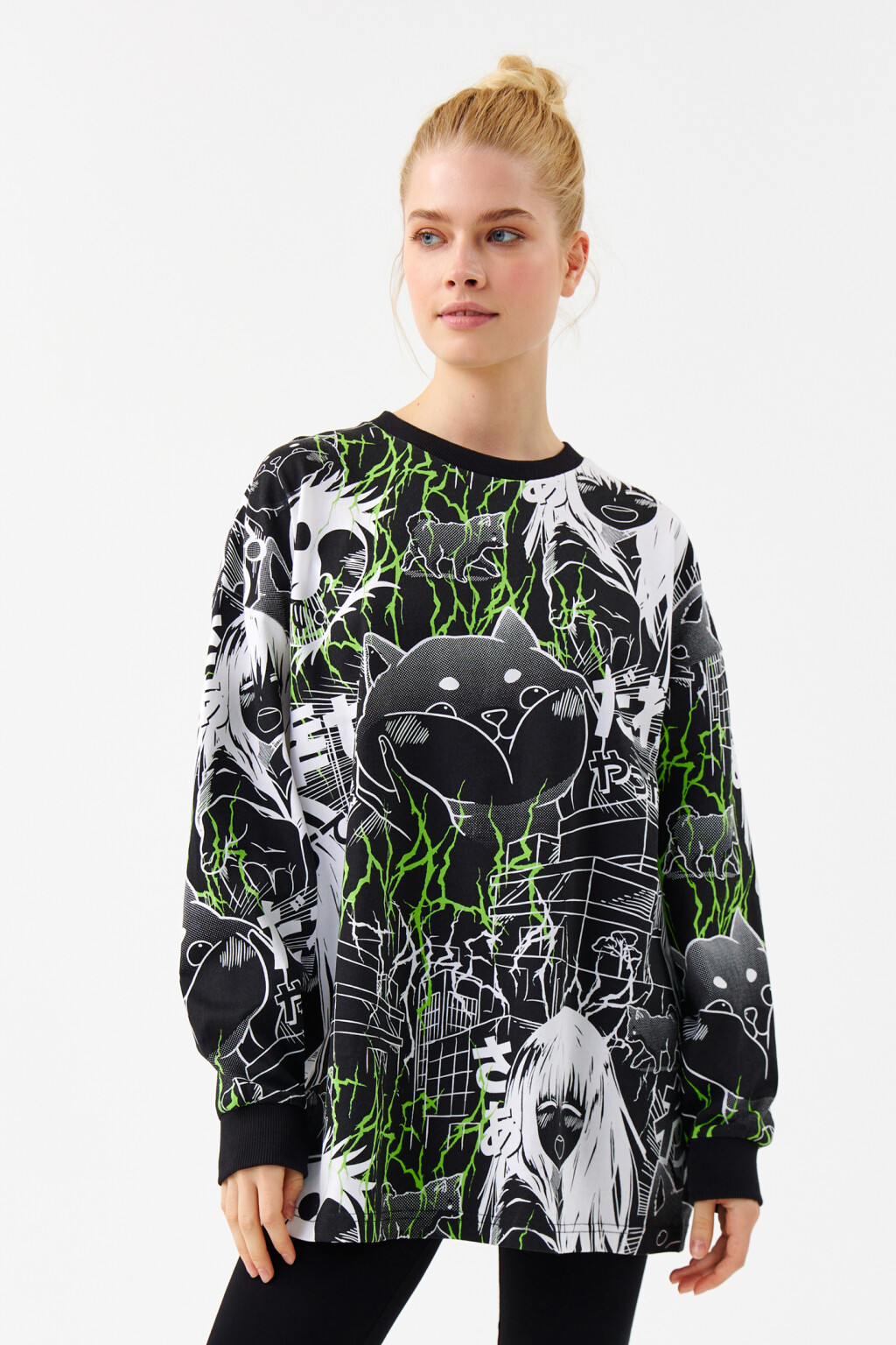 Лонгслив oversize хлопковый с принтом - цвет черный - 1