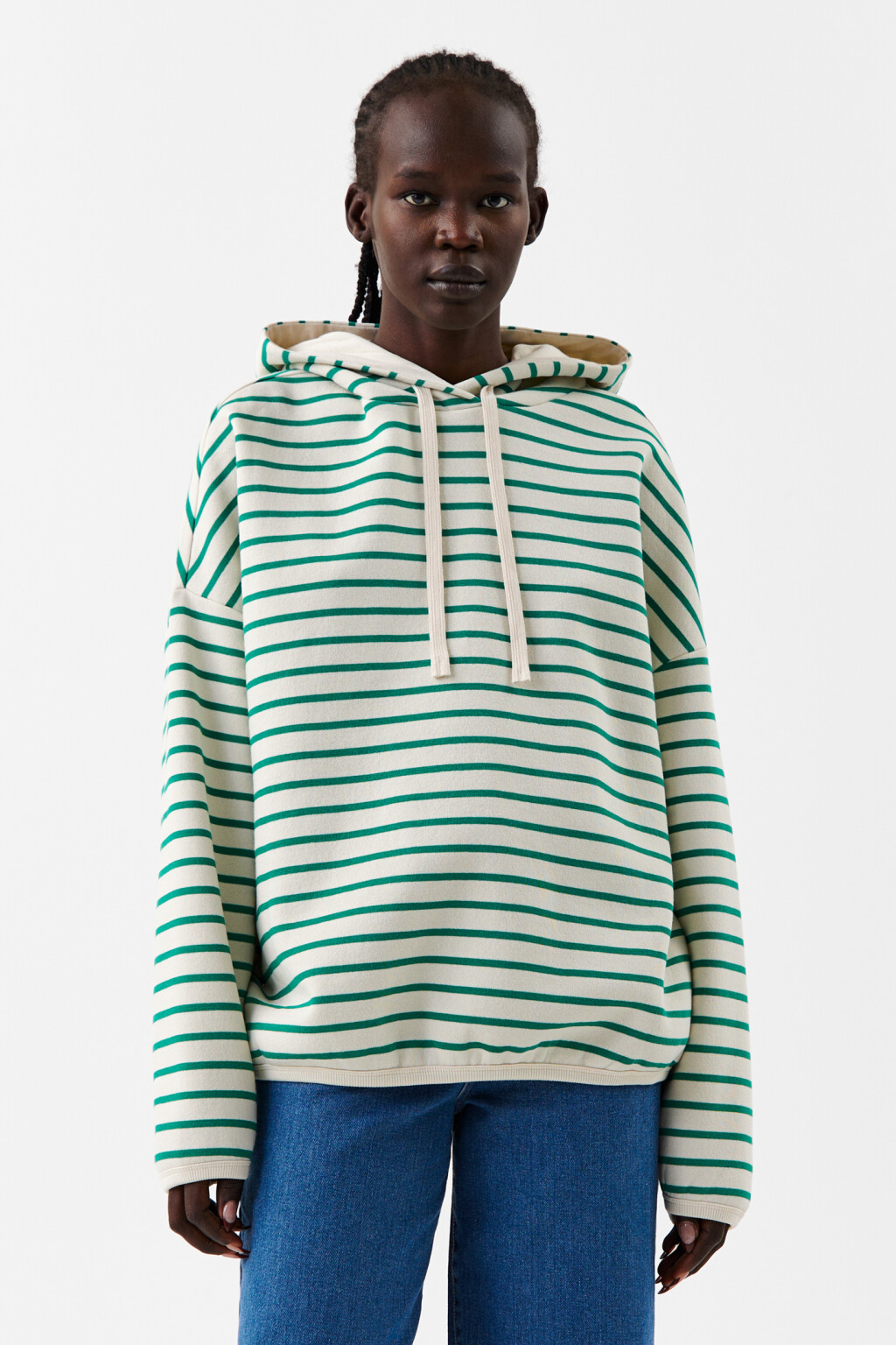 Толстовка хлопковая с капюшоном на завязках - цвет зеленый - 1