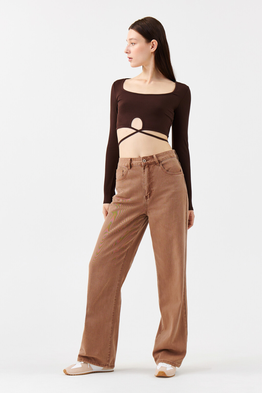 Джинсы wide leg с высокой посадкой - цвет коричневый - 4