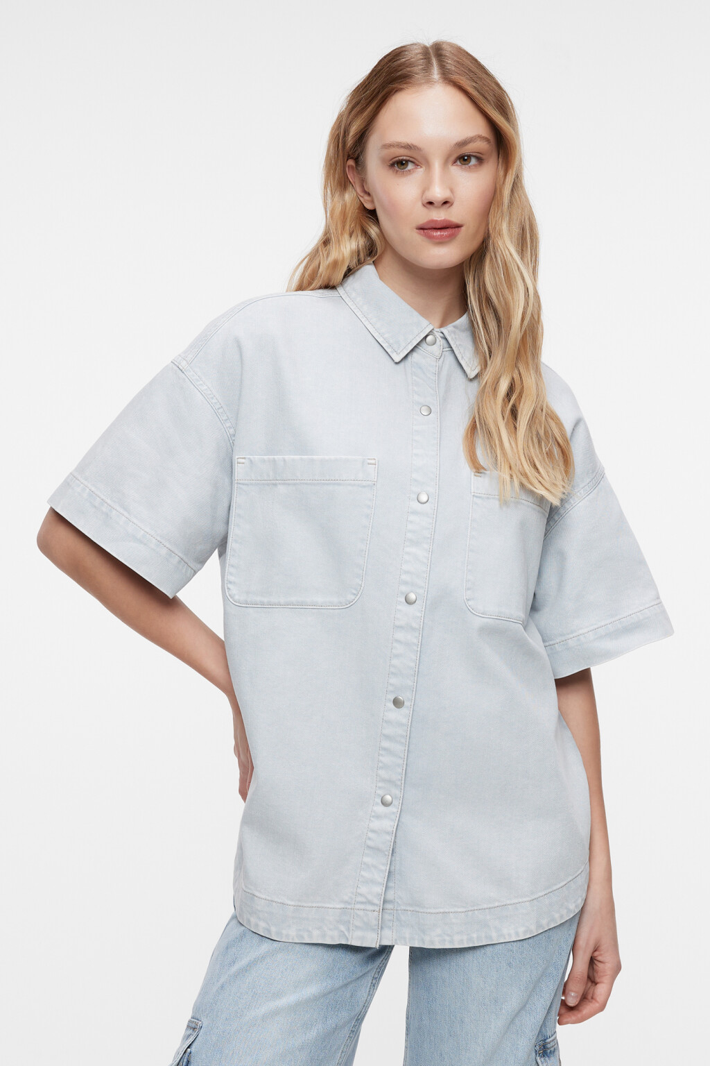 Рубашка oversize джинсовая с короткими рукавами - цвет голубой - 7